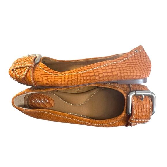 FOSSIL VINTAGE Reptile Embossed Rust Leather Flats silver-tone Buckle Top 6.5 - Picture 13 of 14